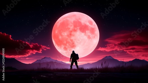 Pixel Art Wanderer Under a Crimson Moonlit Sky