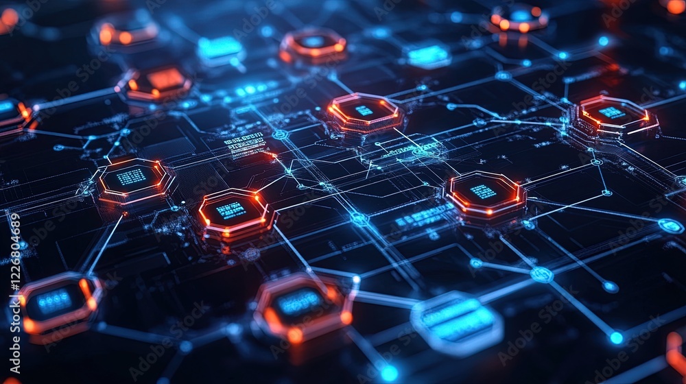Futuristic data hub with blockchain nodes, displaying codes and encryption in dark space Futuristic data hub with blockchain nodes, displaying codes and encryption in dark space