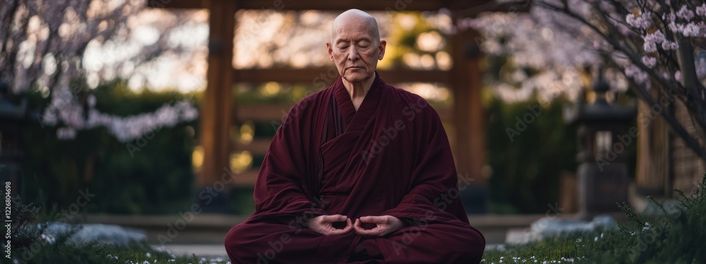 A bald elderly senior monk meditating A bald elderly senior monk meditating
