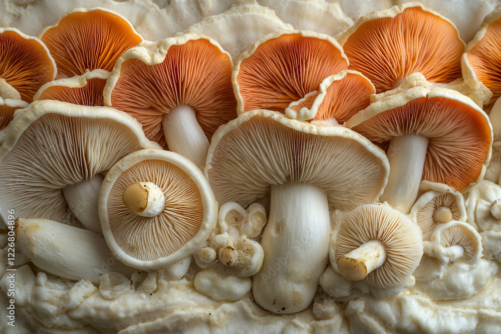 Cluster of orange and white mushrooms growing together Cluster of orange and white mushrooms growing together