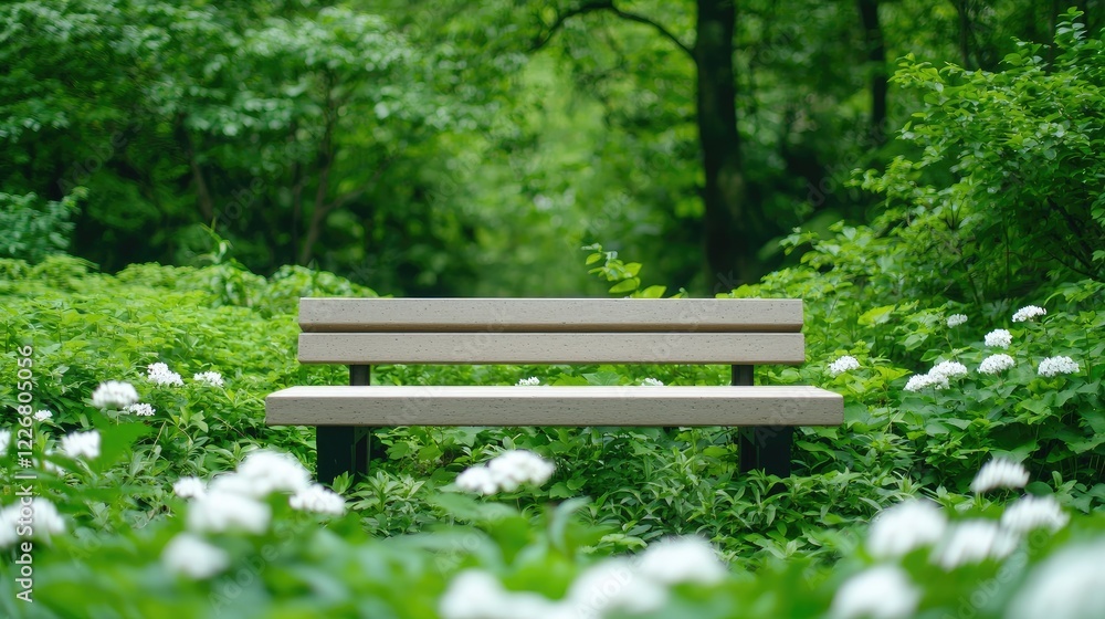 Serene park bench amidst lush greenery, tranquil setting, perfect for relaxation or contemplation Serene park bench amidst lush greenery, tranquil setting, perfect for relaxation or contemplation
