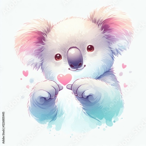 Cute cartoon koala holding a heart, surrounded by smaller hearts.  Watercolor style illustration.  Perfect for children's products, greeting cards, and more. photo