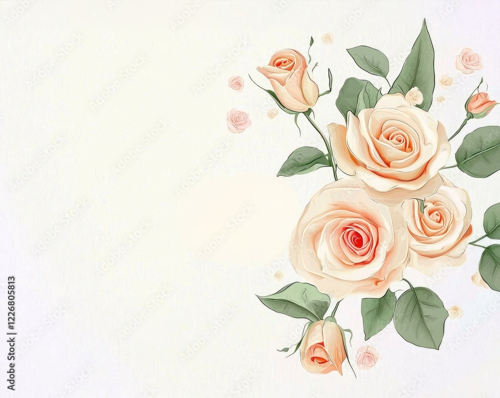 Naklejka premium Pastel Roses Corner Design: Delicate peach and cream roses arranged in a corner composition, creating an elegant and romantic floral design perfect for invitations, cards, or wallpapers.