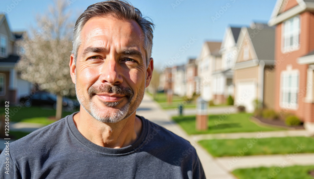 Latino man smiling in a suburban neighborhood, springtime warmth Latino man smiling in a suburban neighborhood, springtime warmth