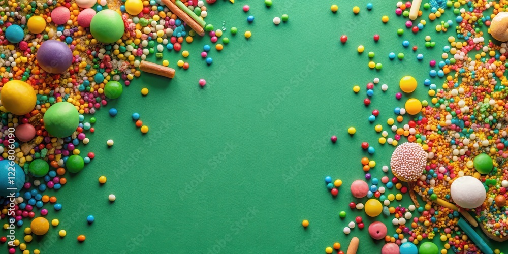 Fototapeta premium Colorful sprinkles on bottom of green background, candy toppings