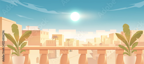 Scenic balcony with potted plants, overlooking a desert cityscape under a clear blue sky with the sun shining. Warm and serene concept. Vector illustration.