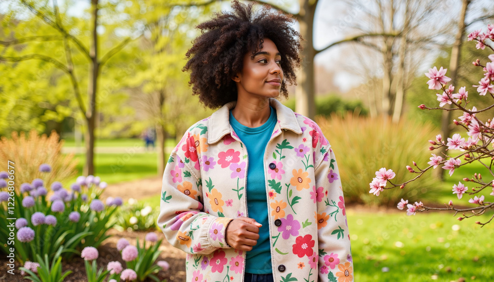 Young black woman smiling in blooming park at noon, vibrant springtime Young black woman smiling in blooming park at noon, vibrant springtime