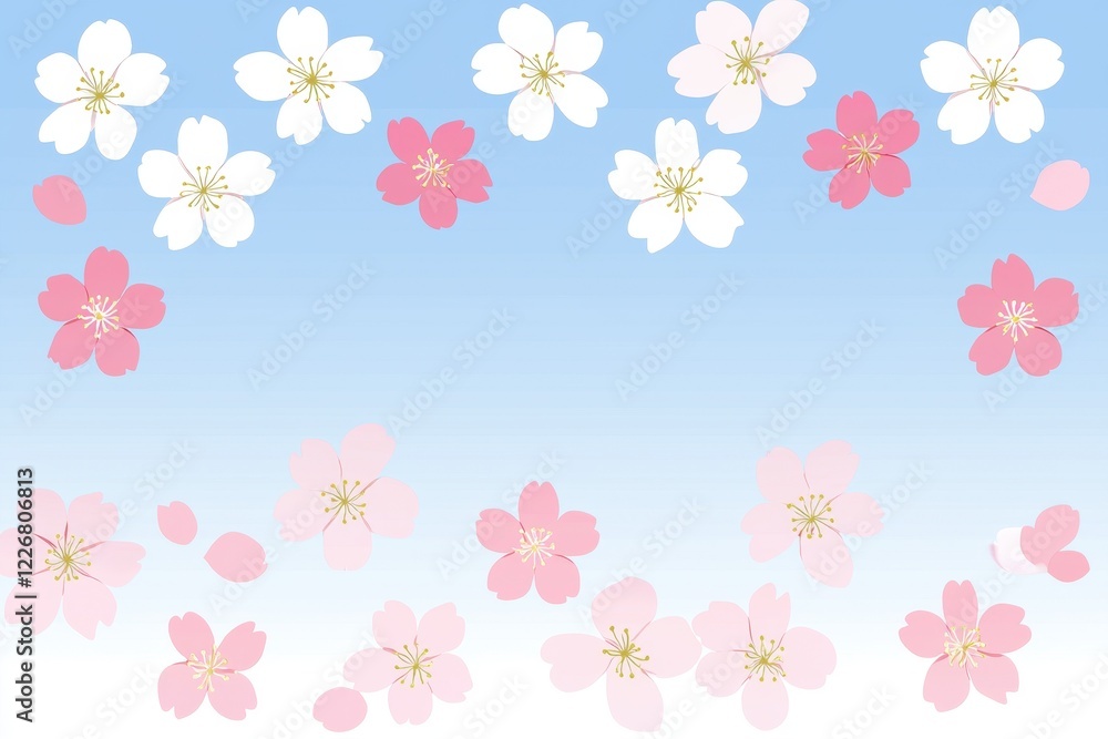 Spring Blossoms Gradient: Cherry blossoms transitioning from deep pink at the base to pale pink at the tips against a blue sky Spring Blossoms Gradient: Cherry blossoms transitioning from deep pink at the base to pale pink at the tips against a blue sky