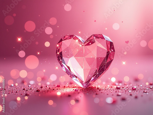 Une Coeur En Cristal Scintille Sur Un Fond Rose Brillant Recouvert De Paillettes Et De Strass, Ambiance Romantique Pour Saint Valentin. 00002 photo