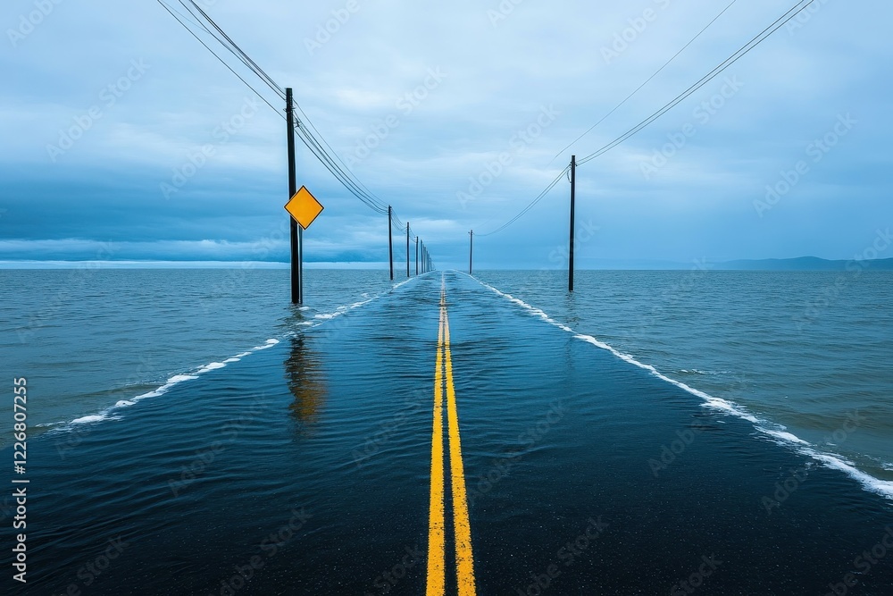 Coastal road submerged by king tides, showcasing the impact of climate change on seaside infrastructure. Coastal road submerged by king tides, showcasing the impact of climate change on seaside infrastructure.