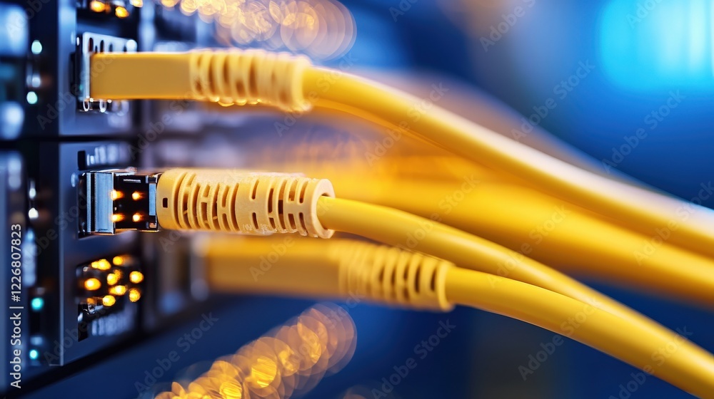 Close-Up of Yellow Network Cables Connected to Network Switch Close-Up of Yellow Network Cables Connected to Network Switch