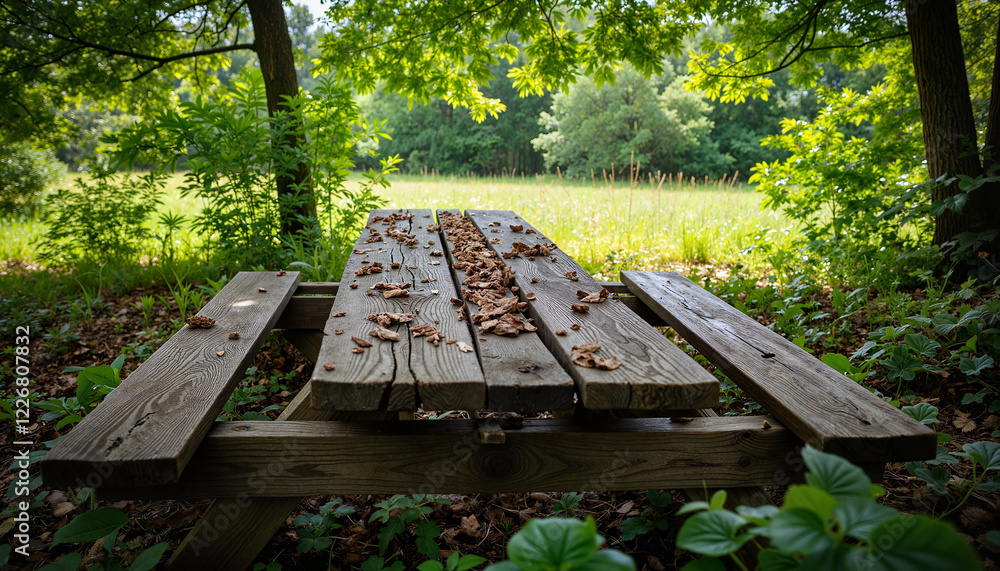Forgotten picnic table under leafy canopy, nature's nostalgia Forgotten picnic table under leafy canopy, nature's nostalgia