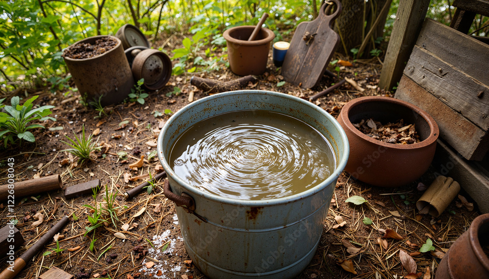 Rustic bucket creating ripples under dappled sunlight, countryside charm Rustic bucket creating ripples under dappled sunlight, countryside charm
