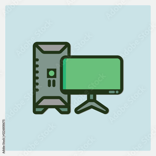 Illustration of a desktop computer with a tower and a monitor on light blue background