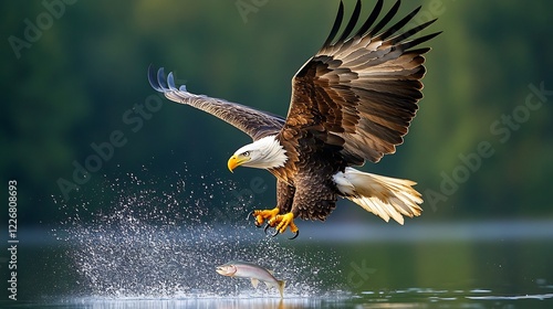 American bald eagle swooping low over shimmering lake its sharp talons extended to grasp a fish with water splashes frozen midaction in dramatic detail photo