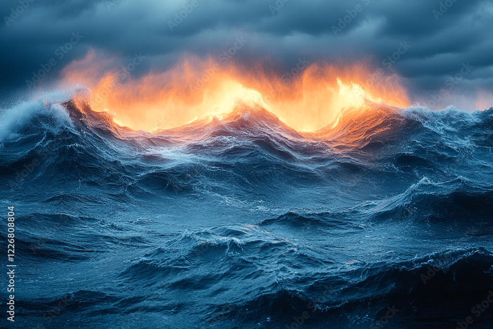 Fototapeta premium Fiery Sunset Illuminates Turbulent Ocean Waves