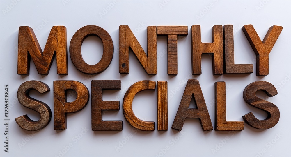 monthly specials word made of brown wood letters on plain white background monthly specials word made of brown wood letters on plain white background