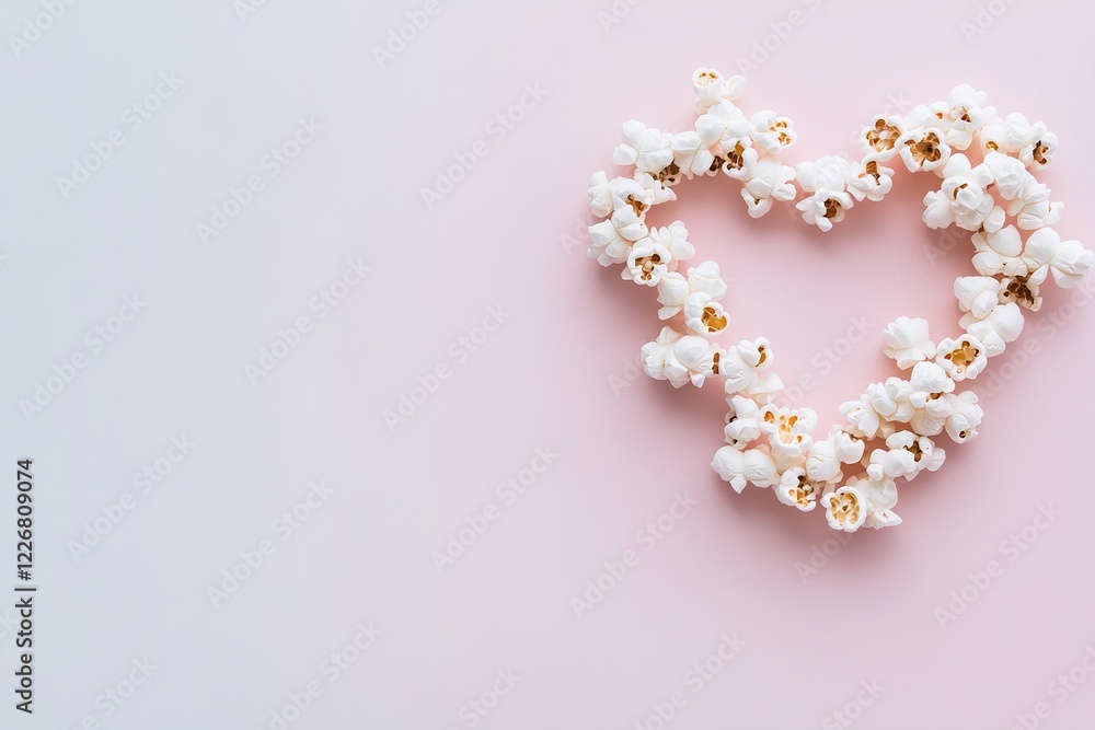 A heart shape intricately formed with white popcorn contrasts beautifully against a soft pink background, embodying a playful vibe for snack enthusiasts A heart shape intricately formed with white popcorn contrasts beautifully against a soft pink background, embodying a playful vibe for snack enthusiasts