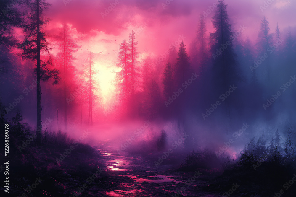 Vibrant sunset casts a mystical glow in a foggy forest landscape with towering trees and a winding stream. Generative AI Vibrant sunset casts a mystical glow in a foggy forest landscape with towering trees and a winding stream. Generative AI