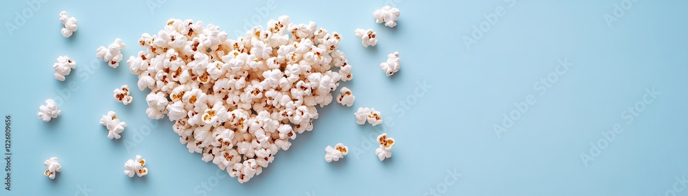 Popcorn is creatively arranged in a heart shape against a light blue background, highlighting its texture and color. The minimalist composition invites a sense of fun and warmth Popcorn is creatively arranged in a heart shape against a light blue background, highlighting its texture and color. The minimalist composition invites a sense of fun and warmth