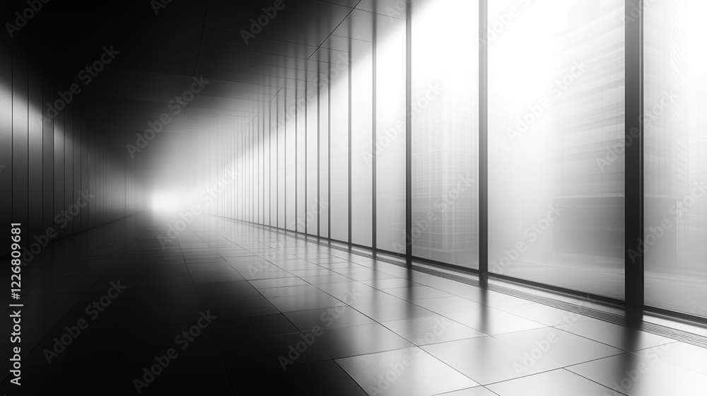 Misty corridor with glass walls creating an ethereal atmosphere in an urban setting during daylight hours. Generative AI Misty corridor with glass walls creating an ethereal atmosphere in an urban setting during daylight hours. Generative AI