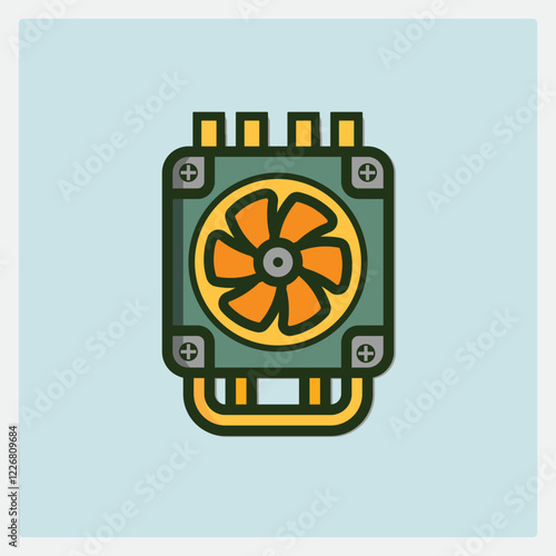 Illustration of a computer heatsink icon with a fan and a green border and a light blue background