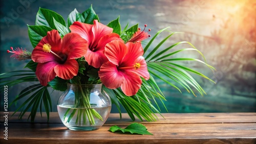 Wallpaper Mural Hibiscus flowers in a vase with fresh greenery and tropical leaves, hibiscus, tropical, centerpiece Torontodigital.ca