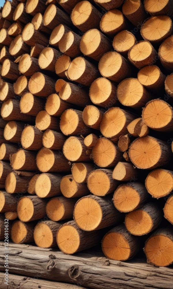 Hoard of dry logs stacked on a wooden platform , lumber, forest Hoard of dry logs stacked on a wooden platform , lumber, forest