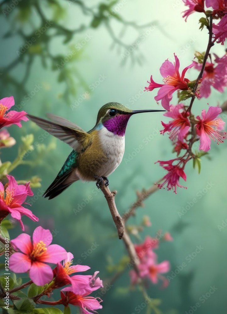 Hummingbird perched on a branch with vibrant flowers, petal, flowers Hummingbird perched on a branch with vibrant flowers, petal, flowers