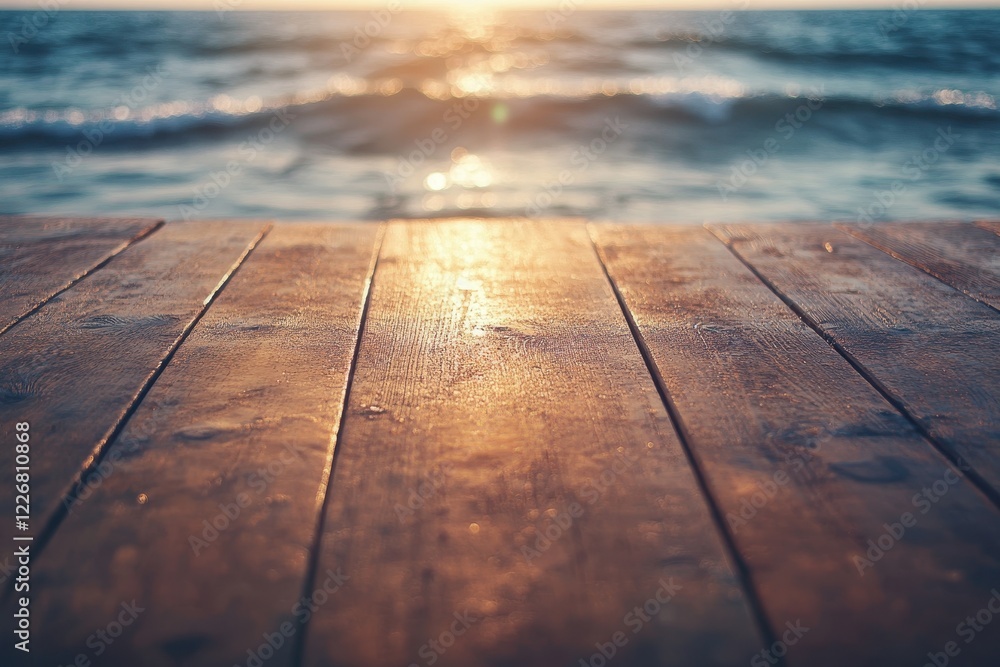 Sunset ocean view, wooden planks, beach, product display Sunset ocean view, wooden planks, beach, product display