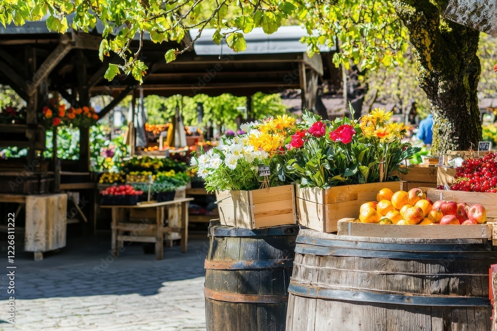 Fototapeta premium Spring Farmers Market A bustling farmer's market with fresh flowers, fruits, and vegetables displayed on rustic wooden stalls