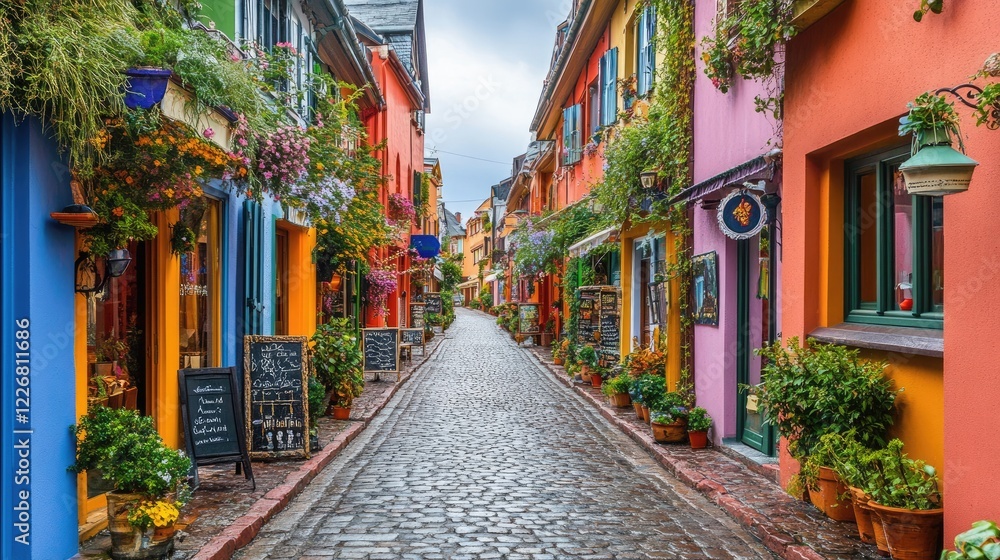 Fototapeta premium A cobblestone road cutting through a European-style marketplace with historic charm