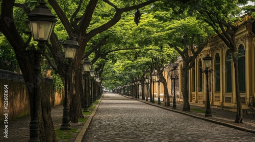 A cobblestone pedestrian walkway lined with lush green trees and vintage-style street lamps
