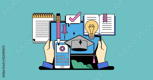 Digital learning features hands holding devices, books, and a graduation cap, symbolizing modern education. Neubrutalism hands concept