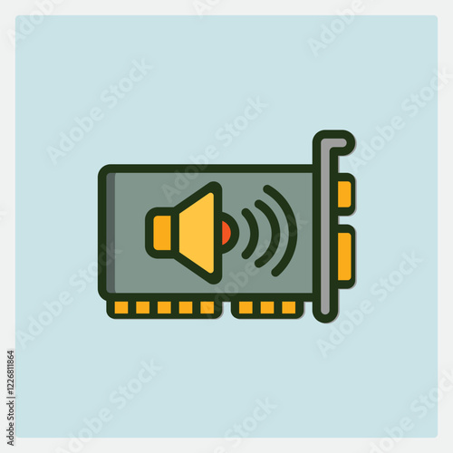 Illustration of a sound card with speaker icon for audio output and computer hardware components