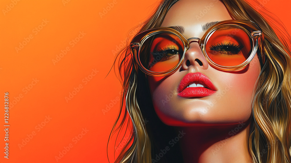 Fototapeta premium Modern Pop Art Portrait of Stylish Woman in Golden Sunglasses on Bright Orange Background with Retro Fashion Vibes