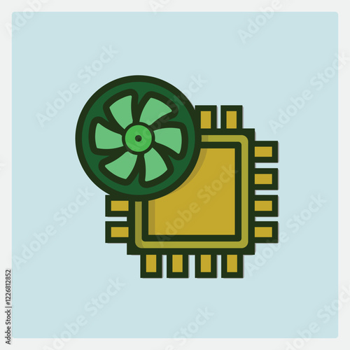Stylized icon illustration of a computer processor with a cooling fan on a light blue background