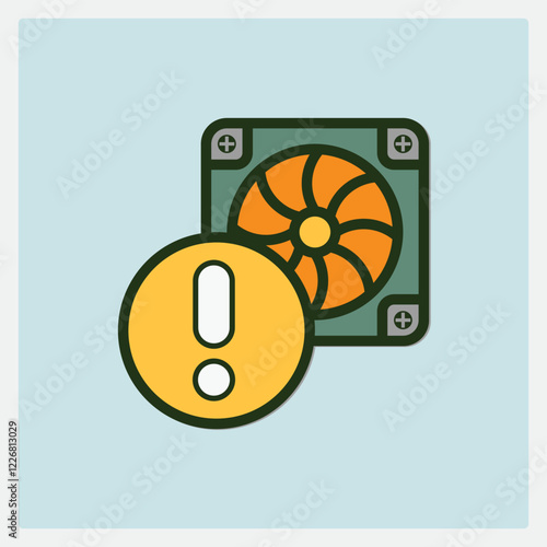 A stylized icon depicts a computer fan with an alert symbol, signaling potential issues