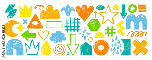 Crayon pencil shape, line, figure vector set. Color lines and shapes with brush texture. Doodle paint background. Chalk hand drawn element. Sketch kid scribble, abstract bg. Crayon arrow circle heart