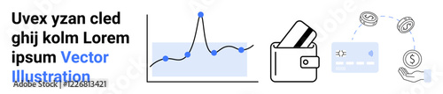 Graph chart with data points, wallet storing a credit card, currency exchange, and credit card icons convey financial management. Ideal for financial services, banking, investments, budgeting