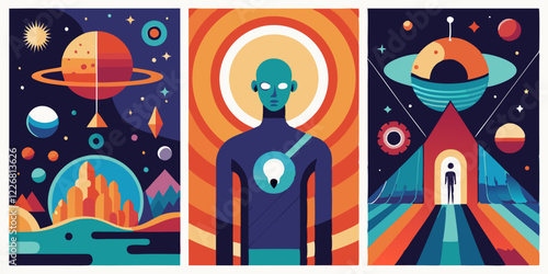 Futuristic cosmic artwork with abstract planets and surreal figures