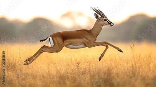 Indian blackbuck midleap through tall golden grass an open savannah its sleek form glowing under the golden light of dawn amidst swaying vegetation photo