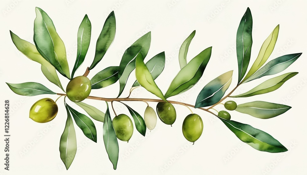 Watercolor olive branch with vibrant leaves and olives Watercolor olive branch with vibrant leaves and olives