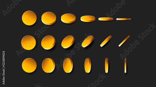 Vector illustration of golden coins in various angles and perspectives on a dark background, perfect for financial, gaming, or cryptocurrency designs