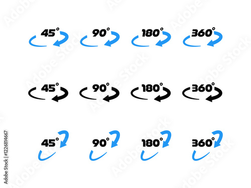 Vector illustration of rotation icons showing 45, 90, 180, and 360 degrees with arrows in black and blue variations. Perfect for user interfaces, instructions, and graphic designs