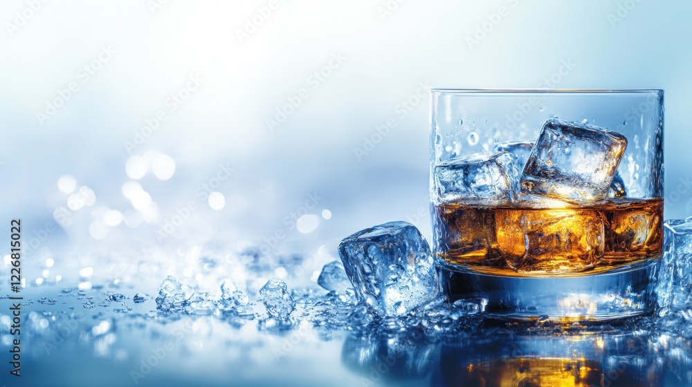 Refreshing Glass of Whiskey with Ice Cubes on Stylish Background Refreshing Glass of Whiskey with Ice Cubes on Stylish Background