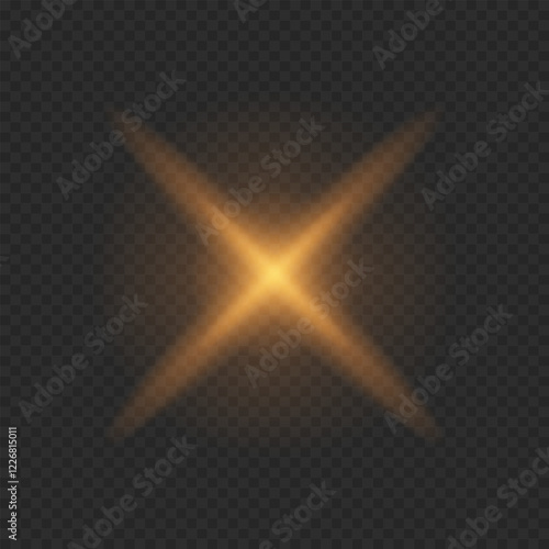 Golden glowing cross-shaped starburst with soft radiance on a transparent background. Shiny light effect for overlays, festive decorations, highlights, and magical designs
