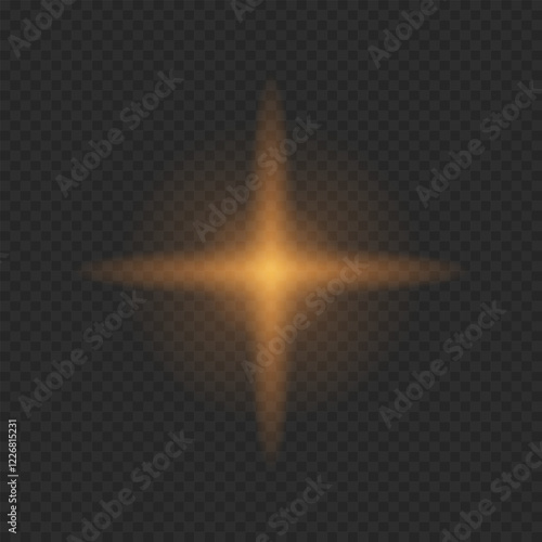 Golden glowing cross-shaped starburst with soft radiance on a transparent background. Shiny light effect for overlays, festive decorations, highlights, and magical designs