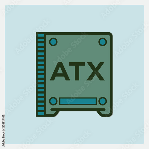 Flat Vector Icon of ATX Motherboard with Green Design on Light Blue Background