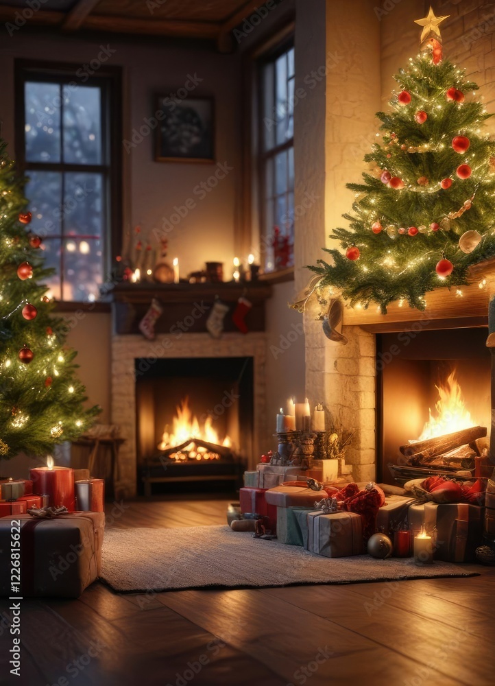 Magical Christmas Eve by the fireplace with festive decorations and twinkling lights , merry mood, holiday magic, fireplace ambiance Magical Christmas Eve by the fireplace with festive decorations and twinkling lights , merry mood, holiday magic, fireplace ambiance